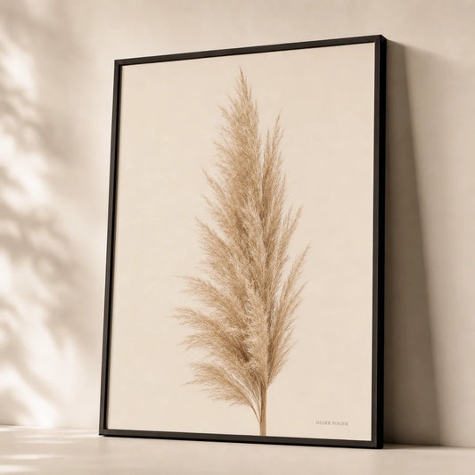 Pampas Grass Poster — Tall pampas grass plume in soft beige and warm cream, premium hero shot, Atelier Poster