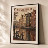 Amsterdam Canals Poster — 1950s Amsterdam canal scene with gabled houses, premium hero shot, Atelier Poster