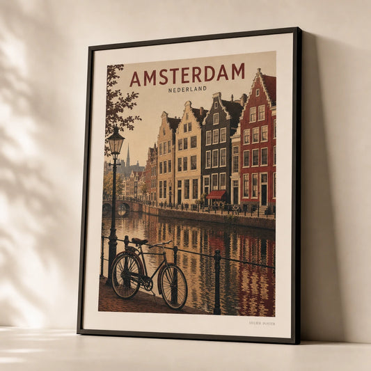 Amsterdam Canals Poster — 1950s Amsterdam canal scene with gabled houses, premium hero shot, Atelier Poster