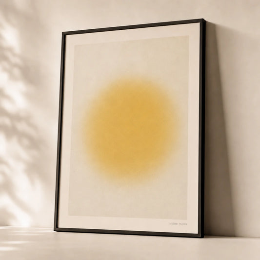 Butter Yellow Sun Poster — Soft butter yellow sun on cream gentle pastel minimalist, premium hero shot, Atelier Poster