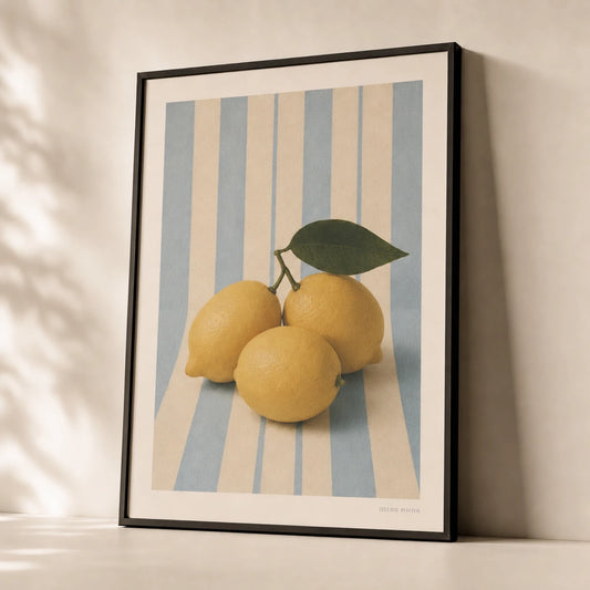 Coastal Grandmother Lemon Poster — Three lemons on blue stripes coastal grandmother aesthetic, premium hero shot, Atelier Poster