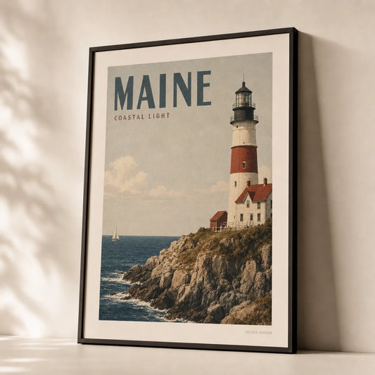 Maine Coastal Lighthouse Poster — 1940s Maine coastal lighthouse on rocky promontory, premium hero shot, Atelier Poster