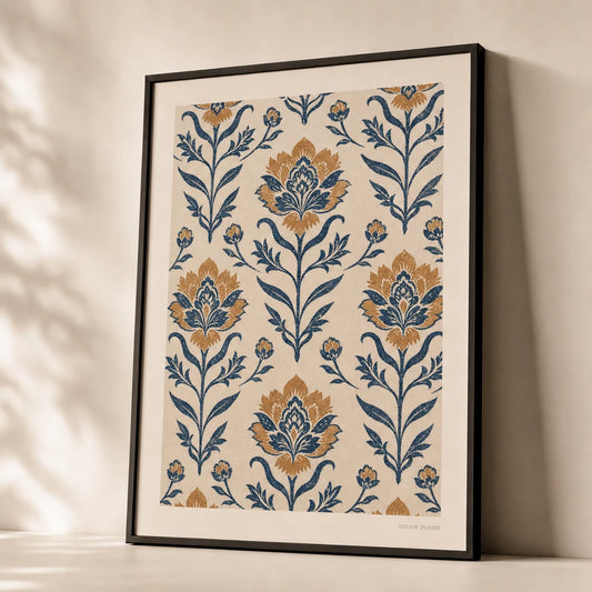Block Print Florals Poster — Jaipur block-print florals in warm ochre and indigo, premium hero shot, Atelier Poster