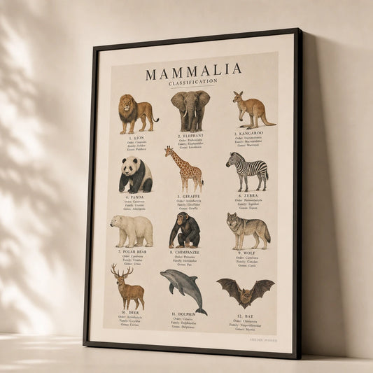 Mammals Taxonomy Poster — Twelve mammals taxonomy grid in warm earth tones, premium hero shot, Atelier Poster