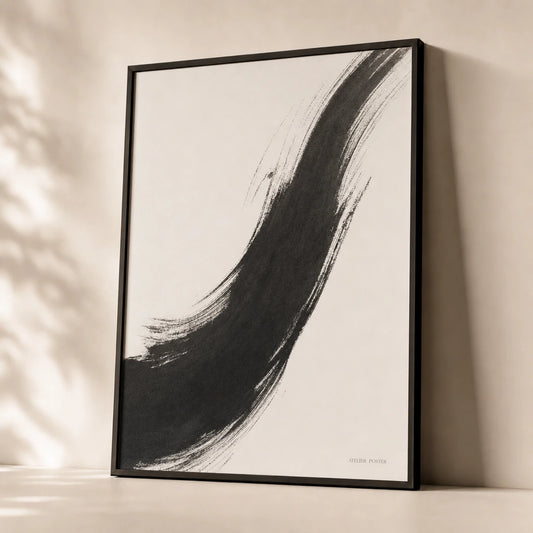 Single Bold Charcoal Stroke Poster — Single bold charcoal diagonal stroke on pure white sumi-e, premium hero shot, Atelier Poster