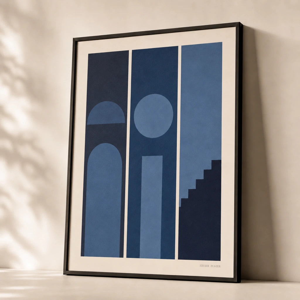 All Navy Tonal Three Gallery Poster — Three-print all-navy tonal moody graduated dark set, premium hero shot, Atelier Poster
