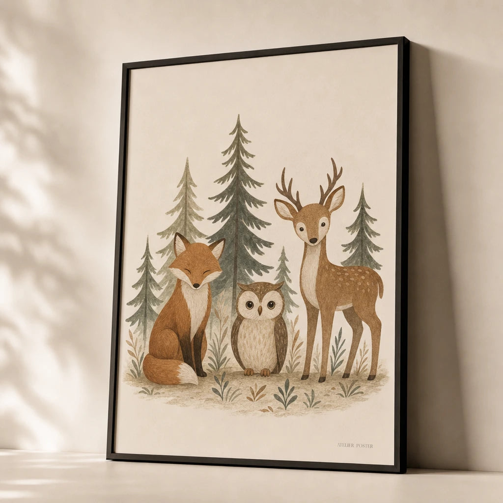Forest Animals Trio Poster — Fox owl deer woodland animals in soft earth tones, premium hero shot, Atelier Poster