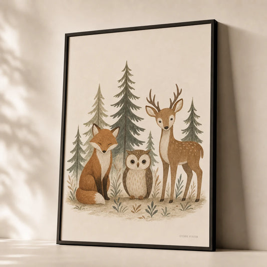 Forest Animals Trio Poster — Fox owl deer woodland animals in soft earth tones, premium hero shot, Atelier Poster