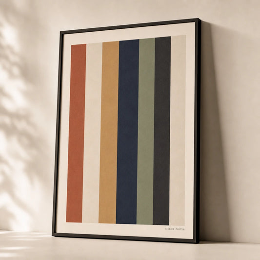 Oversized Bold Stripes Poster — Oversized seven vertical stripes warm alternating modernist, premium hero shot, Atelier Poster