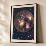 Disco Ball 70s Poster — Glittering disco ball 1970s silver gold on deep navy, premium hero shot, Atelier Poster