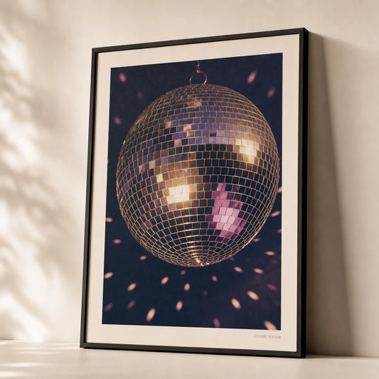 Disco Ball 70s Poster — Glittering disco ball 1970s silver gold on deep navy, premium hero shot, Atelier Poster