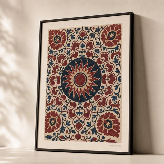 Suzani Pattern Detail Poster — Uzbek suzani embroidery sun motif in red and indigo, premium hero shot, Atelier Poster