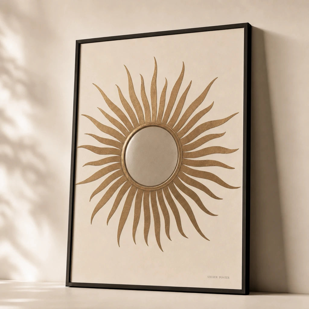 Bohemian Brass Sun Mirror Poster — Traditional brass sun mirror with radiating rays illustration, premium hero shot, Atelier Poster