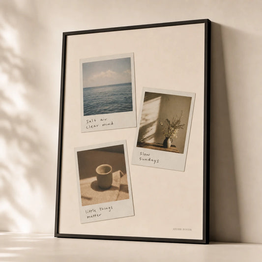 Vintage Polaroid 90s Poster — Three vintage 1990s Polaroid photos with handwritten captions, premium hero shot, Atelier Poster