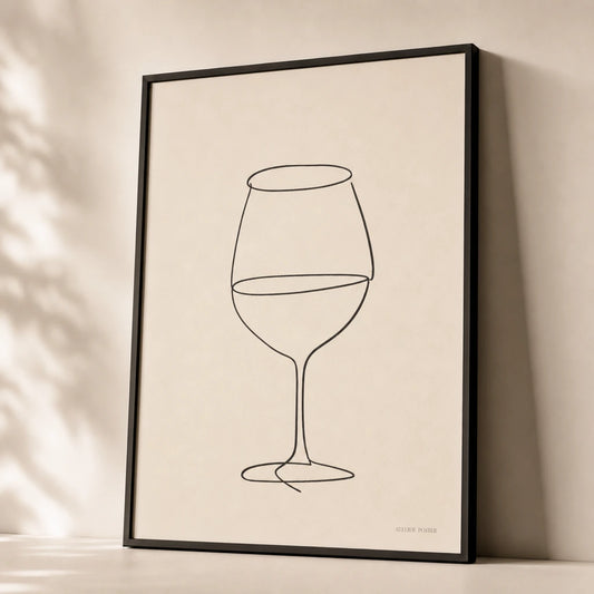 Wine Glass Line Poster — Single-line wine glass with implied liquid level, premium hero shot, Atelier Poster