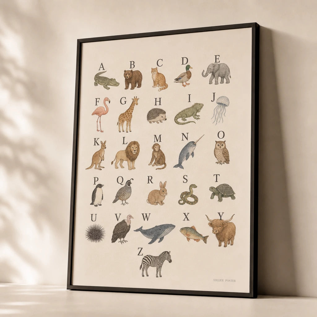 ABC Animal Alphabet Poster — Animal alphabet A-Z in soft pastel illustration tones, premium hero shot, Atelier Poster