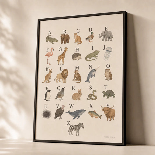 ABC Animal Alphabet Poster — Animal alphabet A-Z in soft pastel illustration tones, premium hero shot, Atelier Poster