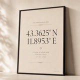 Wedding Coordinates Custom Poster — Personalized wedding venue coordinates elegant serif typography, premium hero shot, Atelier Poster