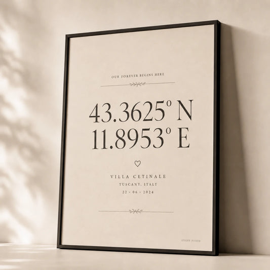 Wedding Coordinates Custom Poster — Personalized wedding venue coordinates elegant serif typography, premium hero shot, Atelier Poster