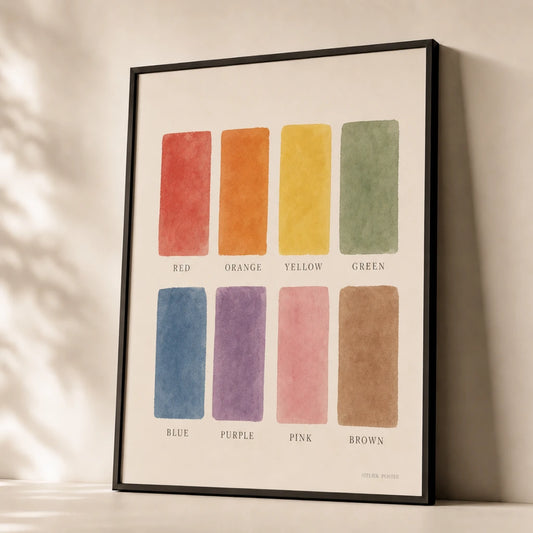 Colors Learning Poster — Eight color swatches with serif names soft watercolor, premium hero shot, Atelier Poster