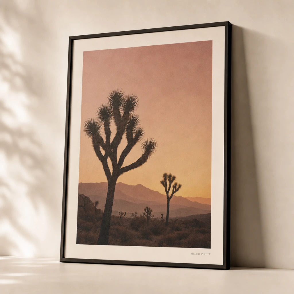 Joshua Tree Desert Poster — Joshua Tree silhouettes against pink-ochre desert sunset, premium hero shot, Atelier Poster