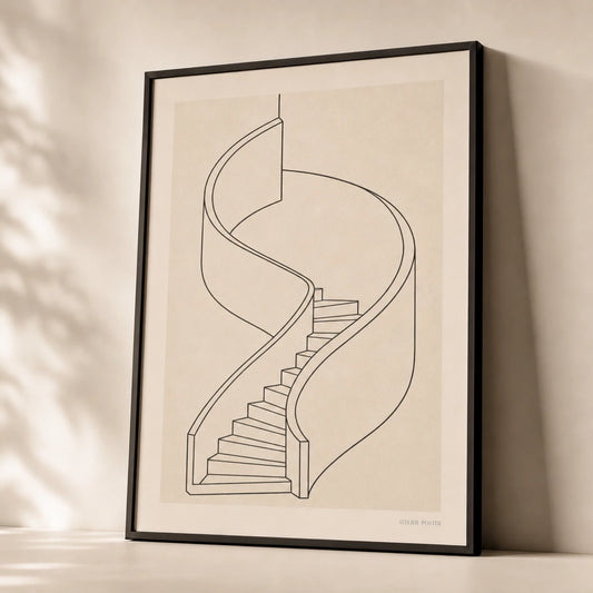 Oversized Spiral Staircase Poster — Oversized spiral staircase continuous black architectural, premium hero shot, Atelier Poster