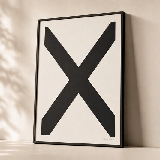Bold Cross Black White Poster — Two black bars crossing X-shape constructivist monochrome, premium hero shot, Atelier Poster