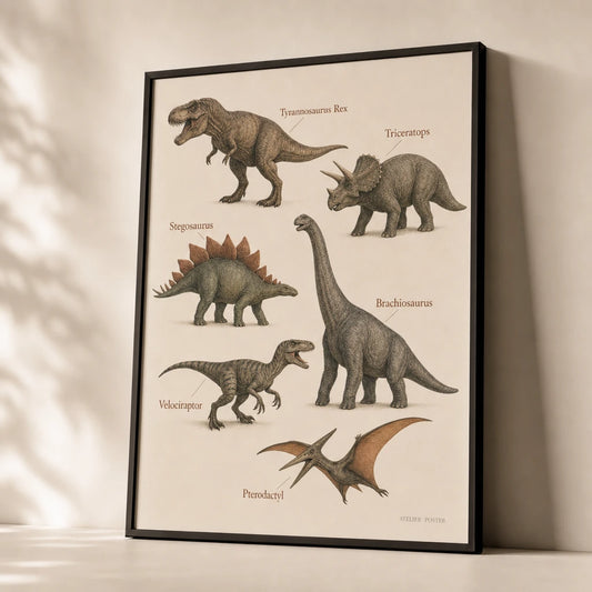 Dinosaur Identification Poster — Six labeled dinosaurs in warm earth-tone scientific style, premium hero shot, Atelier Poster
