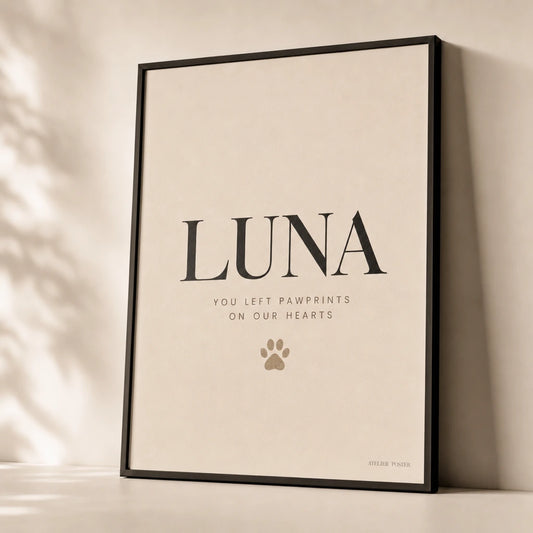 Custom Pet Name Tribute Poster — Personalized pet name elegant Playfair serif tribute keepsake, premium hero shot, Atelier Poster
