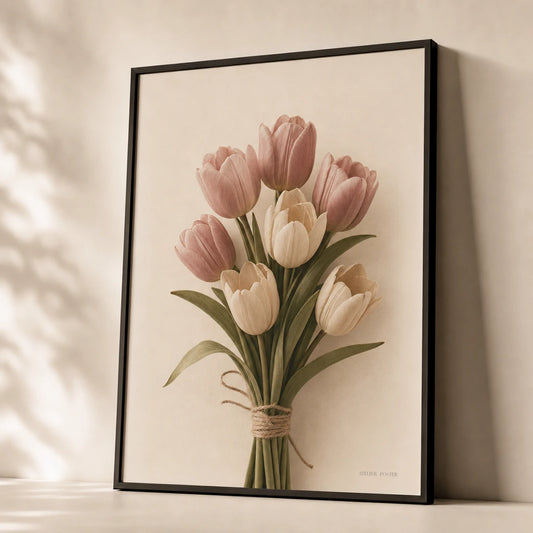 Tulip Bouquet Spring Poster — Hand-tied bouquet of seven tulips in dusty pink and cream, premium hero shot, Atelier Poster