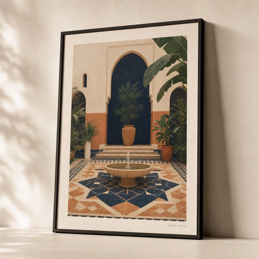 Marrakech Riad Poster — Mid-century Marrakech riad with geometric tile and arches, premium hero shot, Atelier Poster