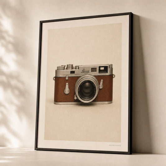Vintage Camera Leica Poster — Vintage Leica camera warm chrome and brown leather grip, premium hero shot, Atelier Poster
