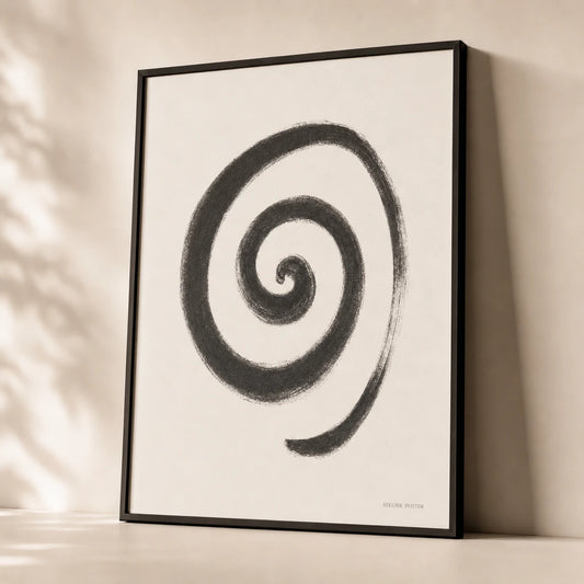 Charcoal Spiral White Poster — Single charcoal spiral on pure white calligraphic minimal, premium hero shot, Atelier Poster