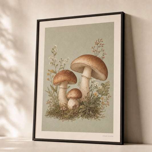 Cottagecore Mushroom Patch Poster — Woodland mushroom cluster in cottagecore Pinterest aesthetic, premium hero shot, Atelier Poster