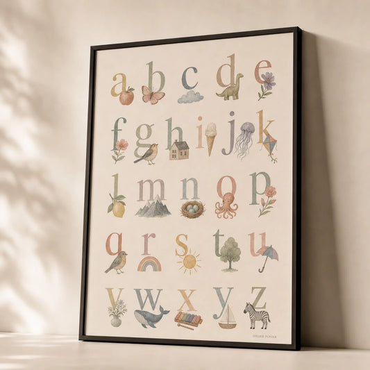 Pastel Alphabet Lowercase Poster — Pastel lowercase alphabet with illustrated motif per letter, premium hero shot, Atelier Poster