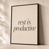 Rest Is Productive Poster — Elegant serif italic 'rest is productive' wellness mantra, premium hero shot, Atelier Poster