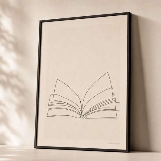 Open Book Line Poster — Single-line open book with spread pages in thin black, premium hero shot, Atelier Poster
