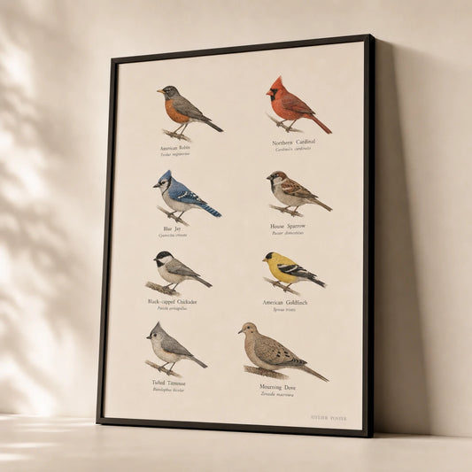 Bird Species Identification Poster — Eight backyard birds labeled in warm scientific illustration, premium hero shot, Atelier Poster