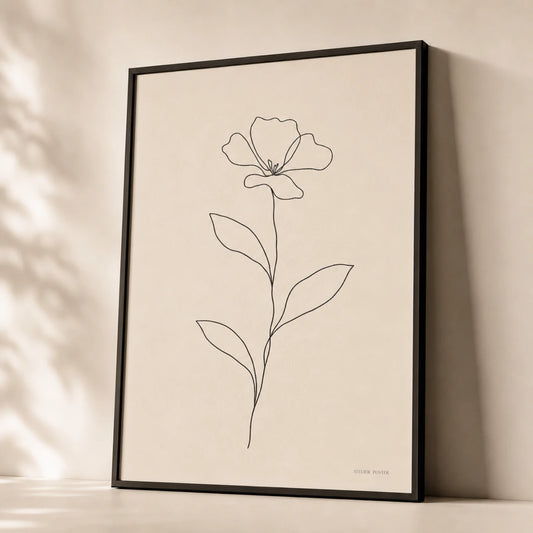 Modern Flower Stem Poster — Single-line flower with bloom and leaves on long stem, premium hero shot, Atelier Poster