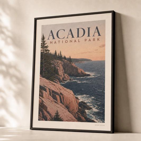 Acadia Maine Coast Poster — 1940s Acadia Maine pink granite cliffs and dark spruce, premium hero shot, Atelier Poster
