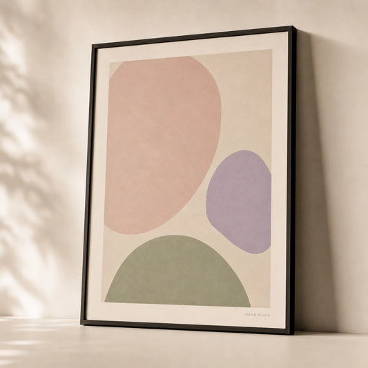 Danish Pastel Abstract Poster — Three Danish pastel shapes pink lavender sage on cream, premium hero shot, Atelier Poster