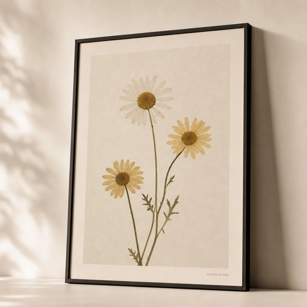 Pressed Daisy Trio Poster — Three pressed yellow daisies on cream linen background, premium hero shot, Atelier Poster
