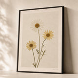 Pressed Daisy Trio Poster — Three pressed yellow daisies on cream linen background, premium hero shot, Atelier Poster