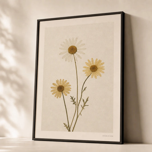Pressed Daisy Trio Poster — Three pressed yellow daisies on cream linen background, premium hero shot, Atelier Poster