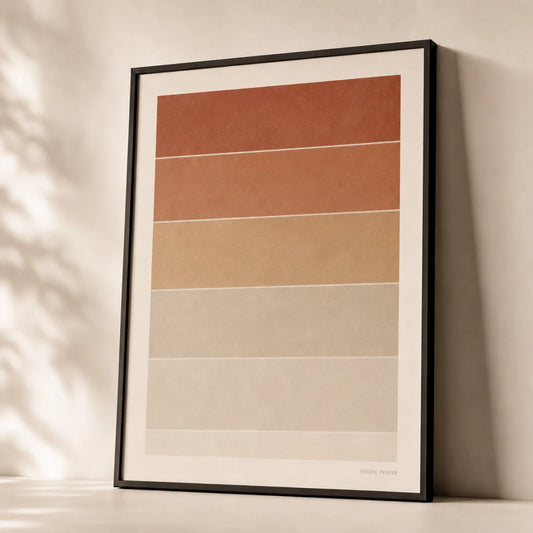 Desert Twilight Bands Poster — Six horizontal earth-tone bands geological strata gradient, premium hero shot, Atelier Poster