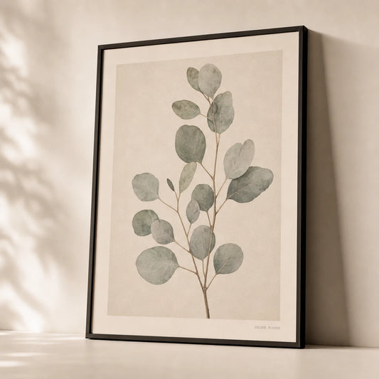 Eucalyptus Branch Study Poster — Vintage herbarium-style eucalyptus branch in soft sage, premium hero shot, Atelier Poster