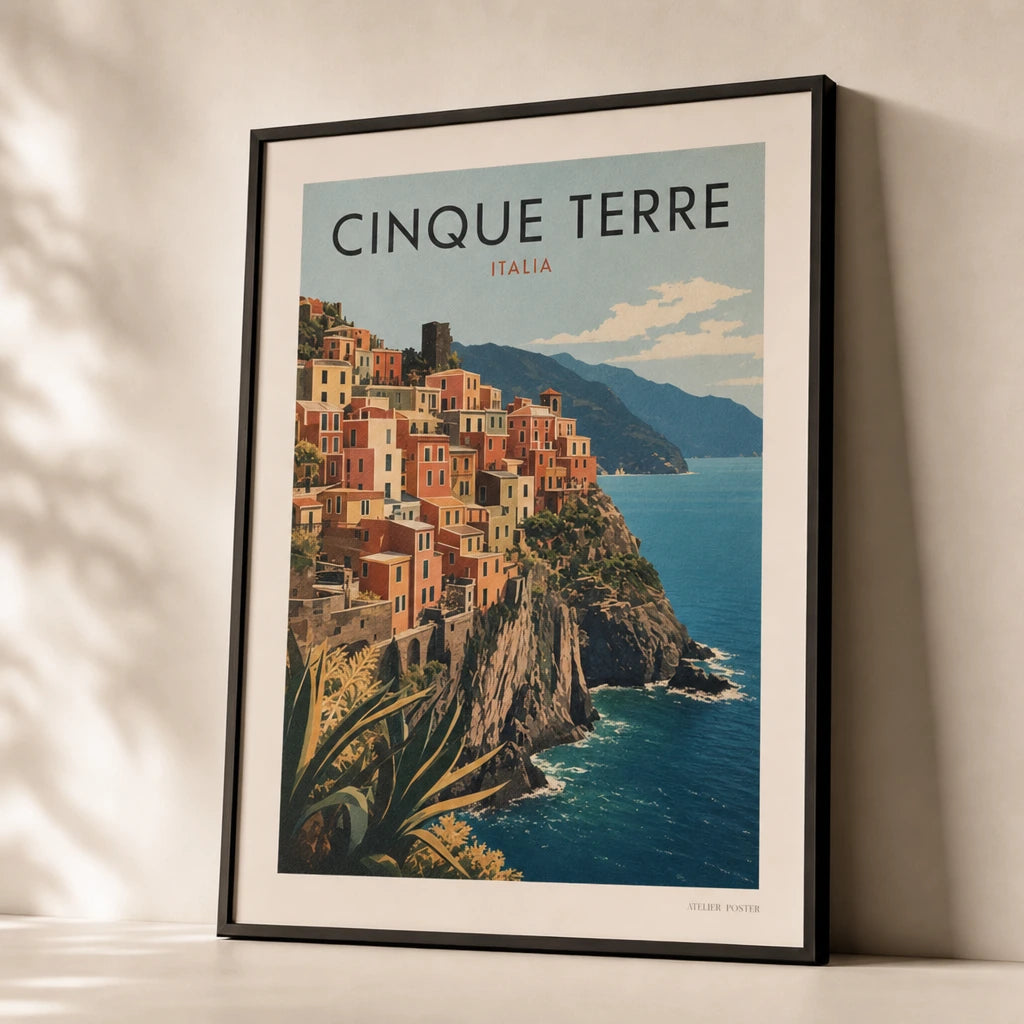 Italian Coastline Cinque Terre Poster — Mid-century Cinque Terre cliffside village in warm tones, premium hero shot, Atelier Poster