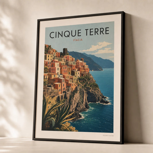 Italian Coastline Cinque Terre Poster — Mid-century Cinque Terre cliffside village in warm tones, premium hero shot, Atelier Poster