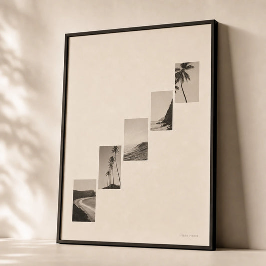 Stairwell Vintage Photos Gallery Poster — Five vintage photo stairwell ascending monochrome gallery, premium hero shot, Atelier Poster