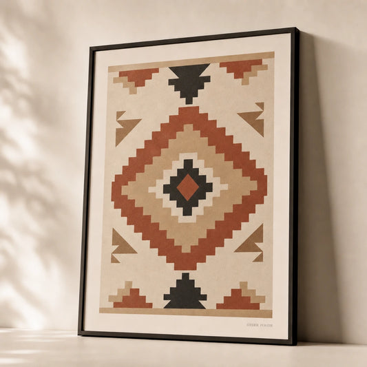 Native Pattern Geometric Poster — Stepped diamond geometric pattern in warm Native earth tones, premium hero shot, Atelier Poster